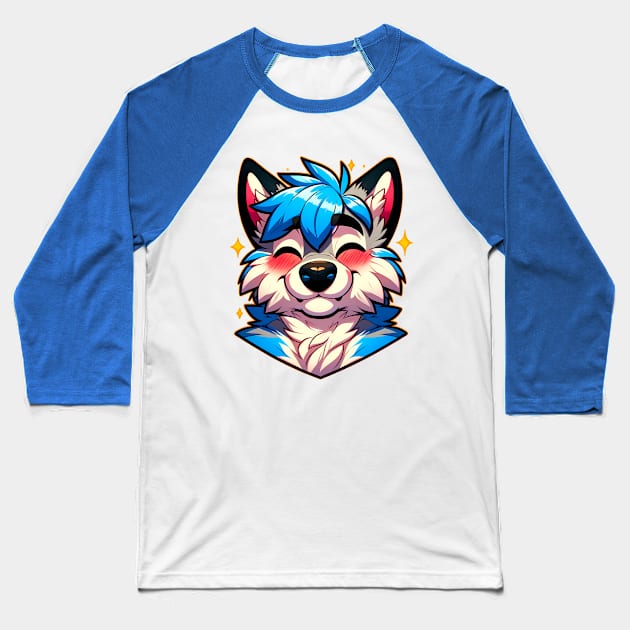 Blushing Happy Furry Anthro Wolf ^_^ Baseball T-Shirt by Blue Bull Bazaar